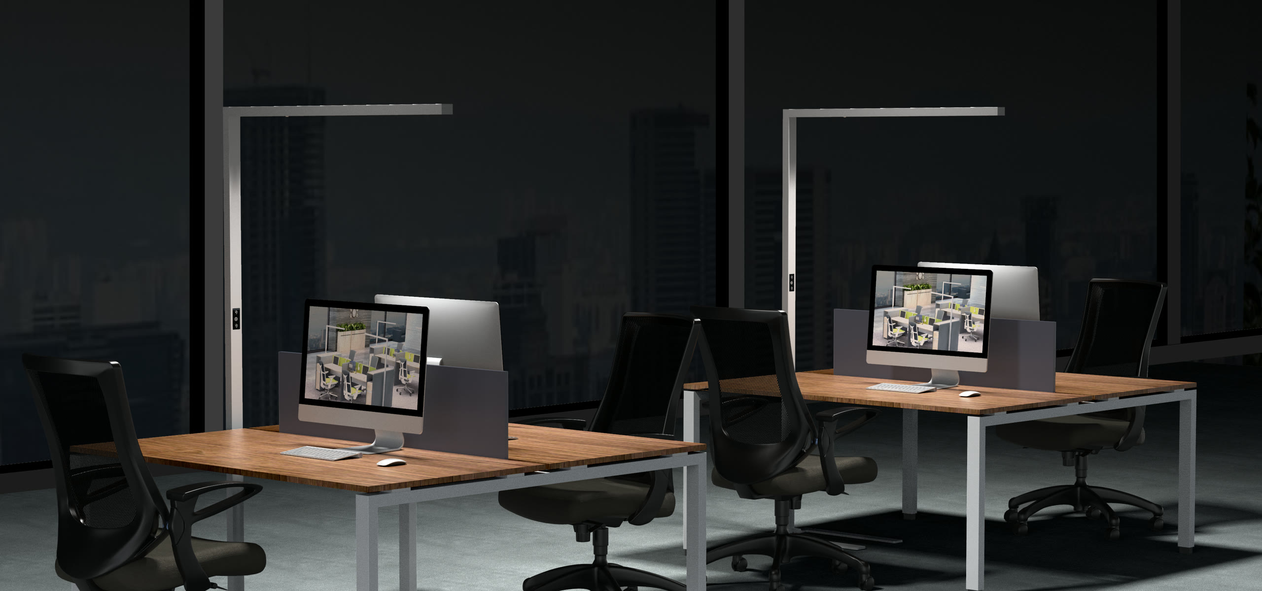 Büro mit ELFOO-F 2.0 LED-Stehleuchten an Doppelarbeitsplätzen